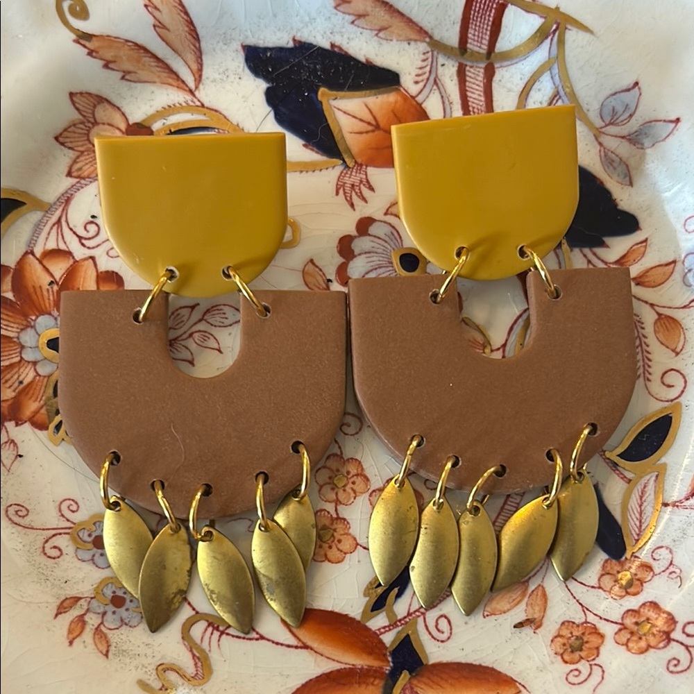 Artistic Yellow and Brown Geometric Earrings